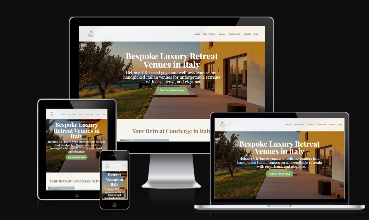 Responsive homepage design for Italian Retreat Venues with clear navigation and search functionality
