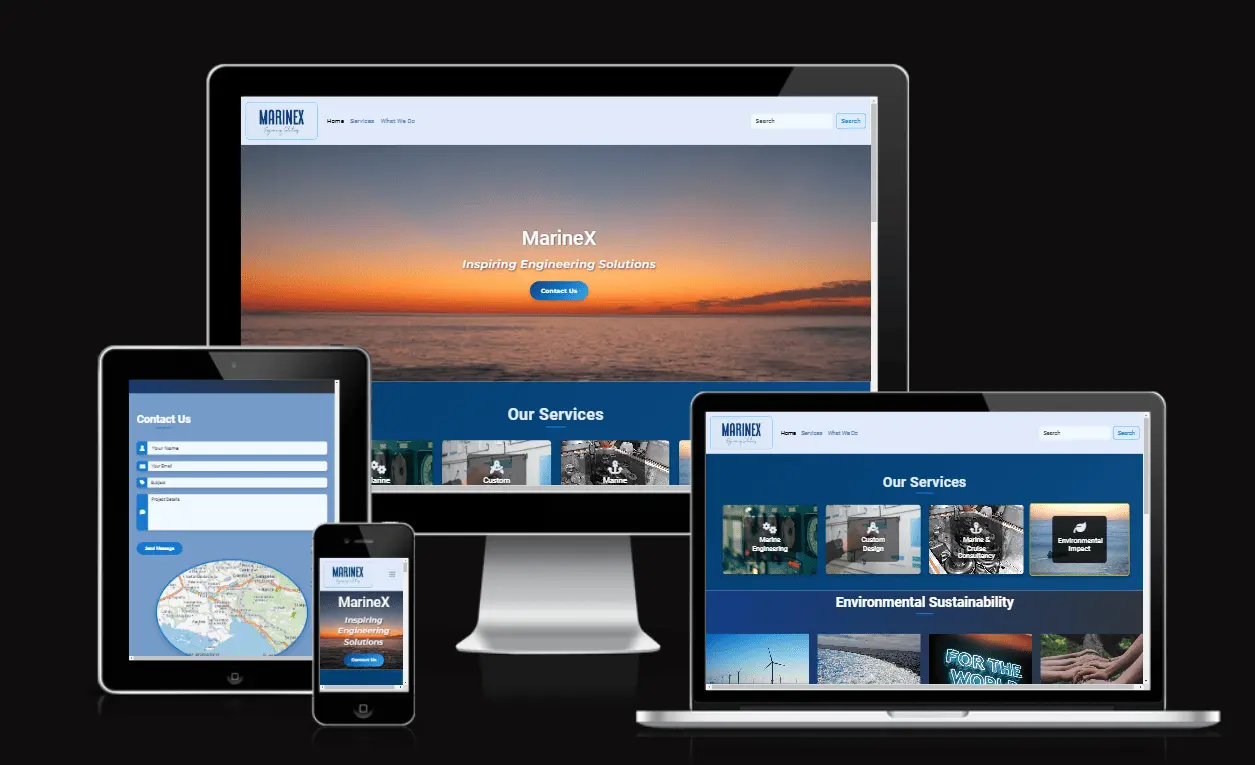 Responsive homepage design for Marinex Consultancy with clear navigation 
                        and ocean-inspired visuals