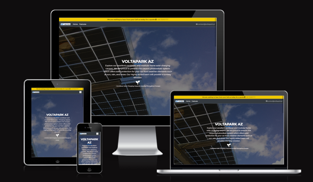 Responsive homepage design for Voltapark with clear navigation and solar carport visuals